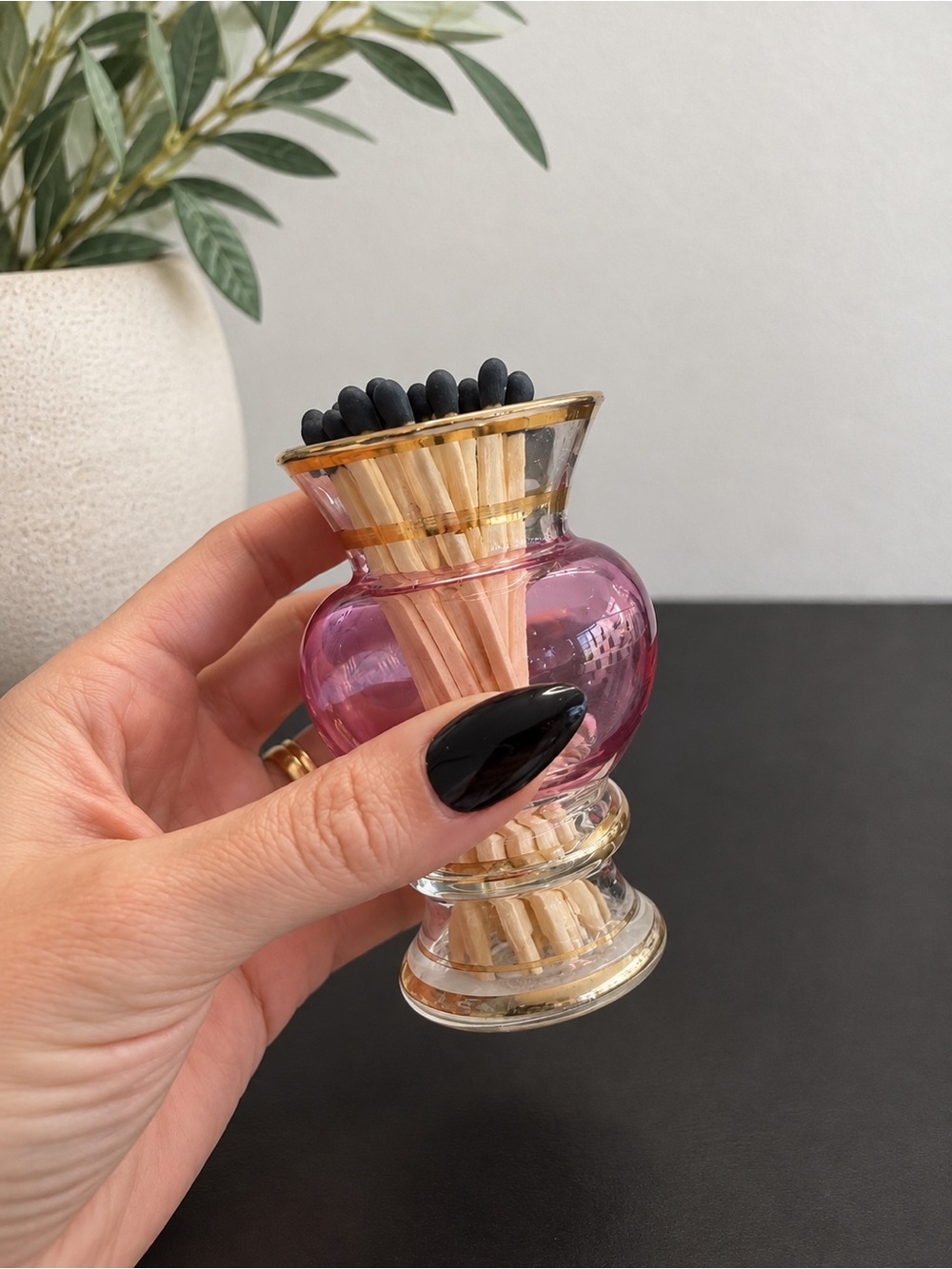 Vintage Pink Glass Mini Bud Vase Match Holder Striker 4" Gold Vanity Decor - Picture 5 of 5